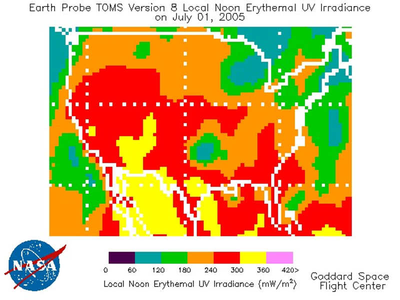 图3显示的是2005年7月美国上空一天的红斑UV辐照度