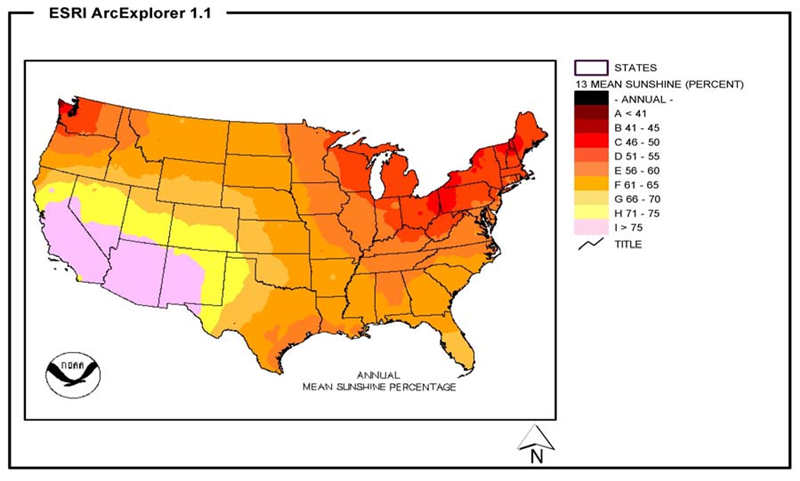 图5显示美国大陆的平均或平均总日照信息