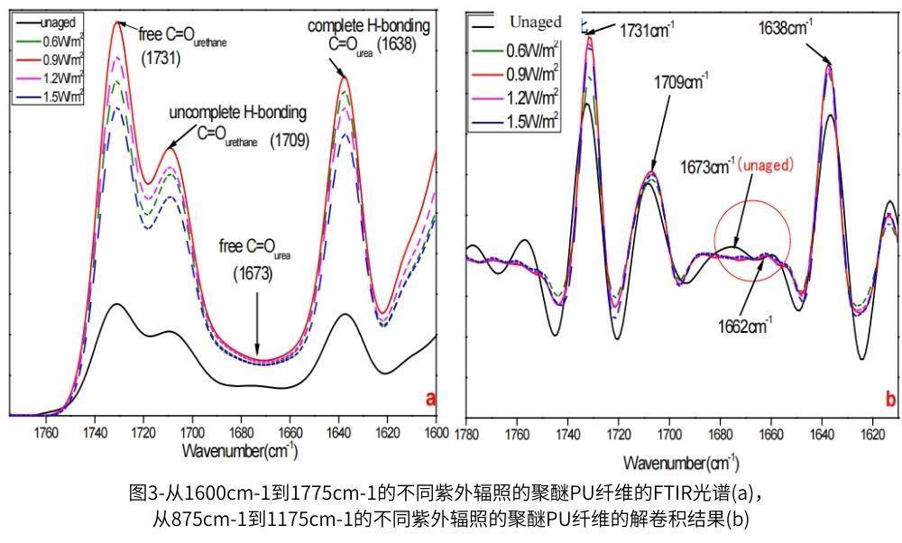 图3说明了在1600cm-1至1775cm-1的各种照射下聚醚PU纤维的C=O谱带之间的比较(图3a)及其解卷积结果(图3b)